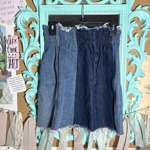 Nasty Gal Tone It Down Two-Tone Denim Skirt Sz.S/M Paperbag High Waisted Raw Hem